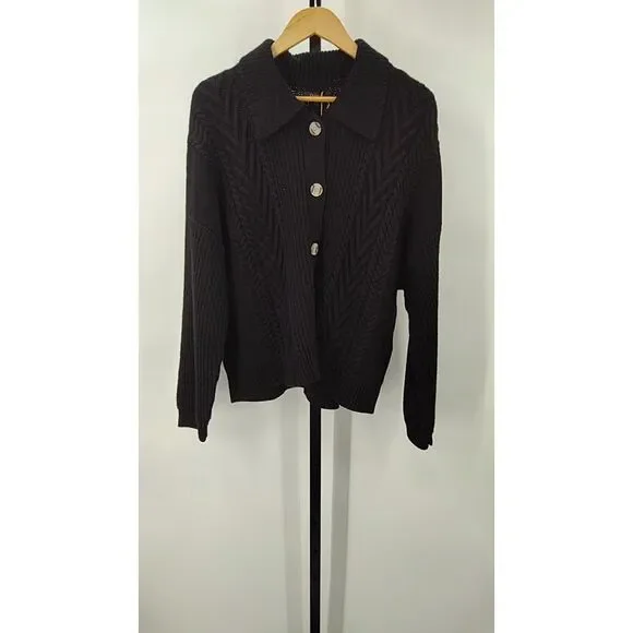 Quince Women Australian Merino Wool Collared Cable Cardigan Black L - Picture 1 of 3